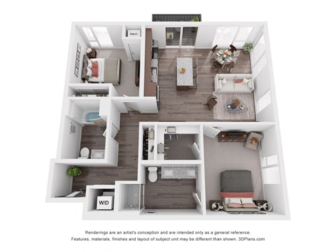 Floor plan for 2 beds, 2 baths, 1119 sqft